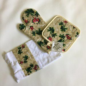 AJW Inc. Hawaii 3 Pieces Kitchen Towel Set 100% Cotton Hawaiian Floral Palm NWT!